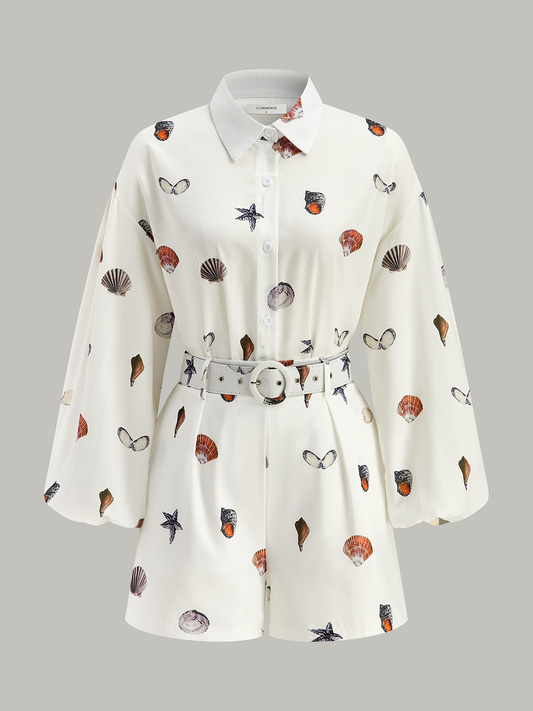 Kemerli Deniz Kabuğu Desenli Şort Takımı