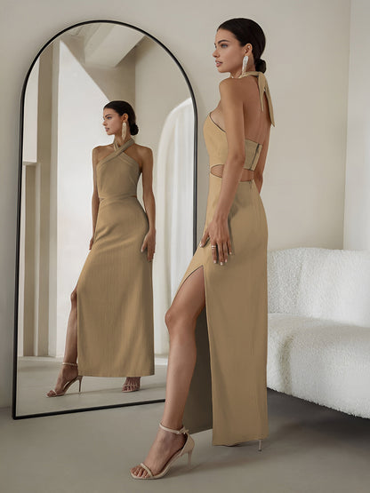 Çapraz Kesim Askılı Uzun Örgü Elbise