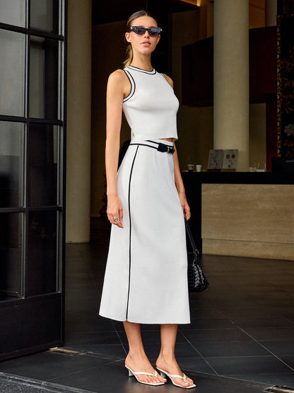 Kontrast Kesim Yırtmaçlı Midi Etek Takımı