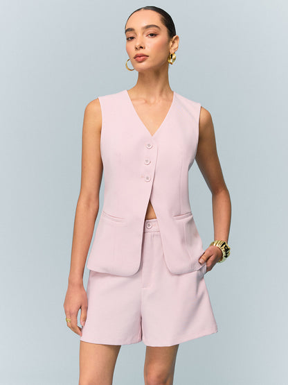 V Yaka Düğmeli Yelek Şort Takımı
