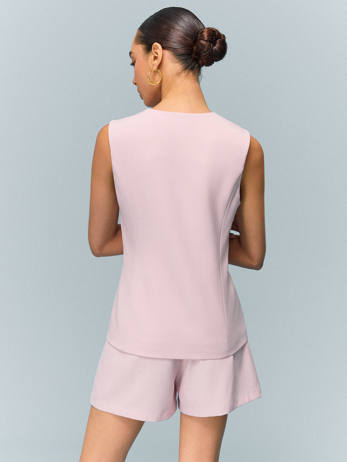 V Yaka Düğmeli Yelek Şort Takımı