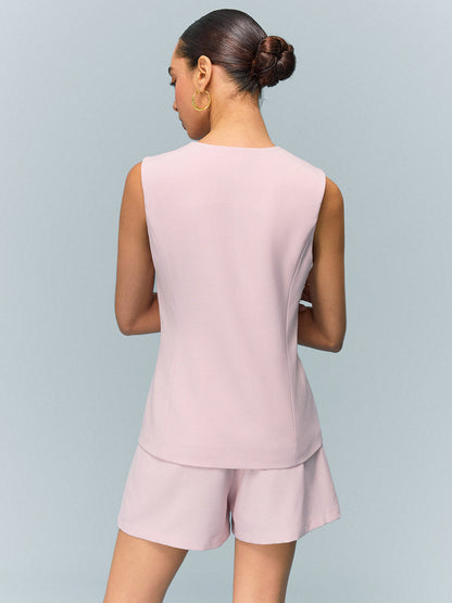 V Yaka Düğmeli Yelek Şort Takımı