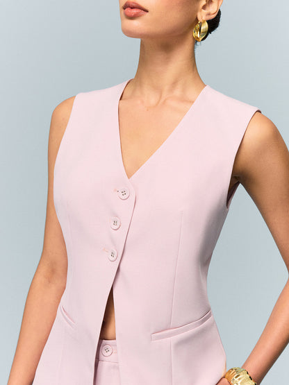 V Yaka Düğmeli Yelek Şort Takımı