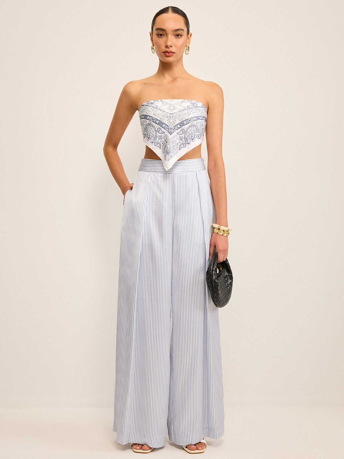 Orta Bel Çizgili Geniş Paça Pantolon