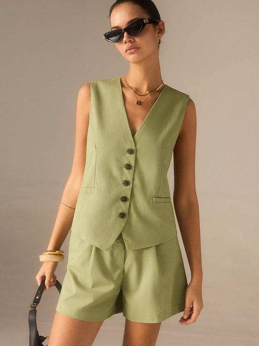 Keten ve Pamuklu Düğmeli Yelek