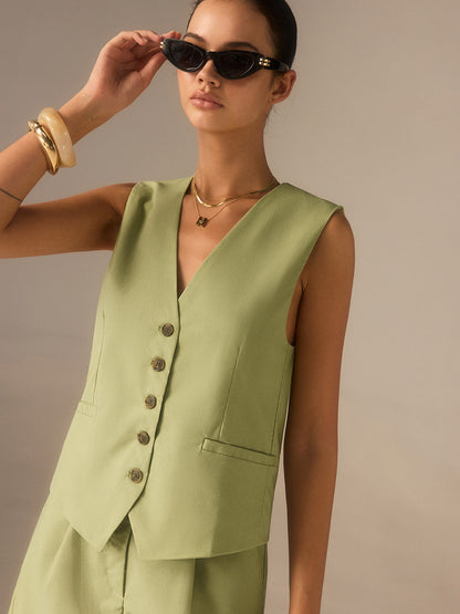 Keten ve Pamuklu Düğmeli Yelek