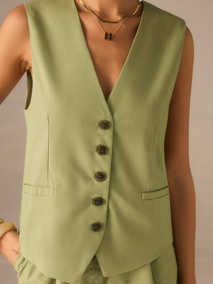 Keten ve Pamuklu Düğmeli Yelek