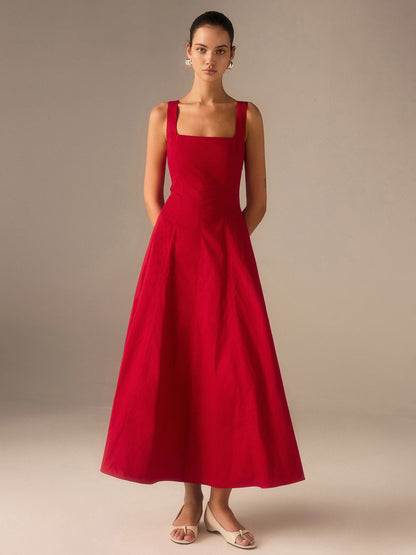 Bağcıklı Sırtlı Pamuklu Maksi Elbise