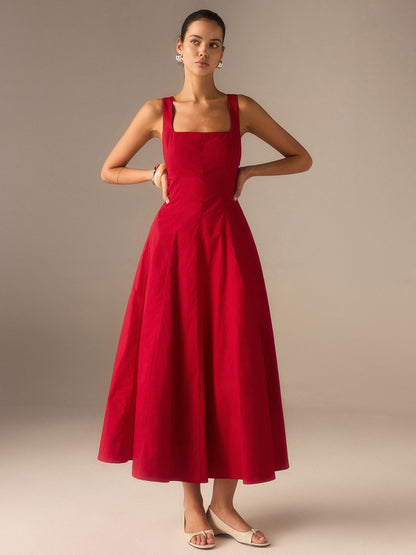 Bağcıklı Sırtlı Pamuklu Maksi Elbise