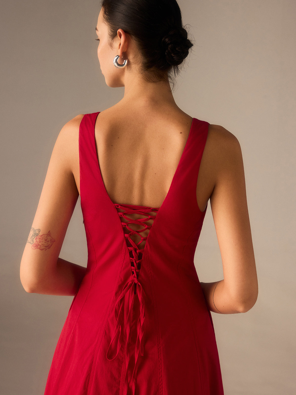 Bağcıklı Sırtlı Pamuklu Maksi Elbise