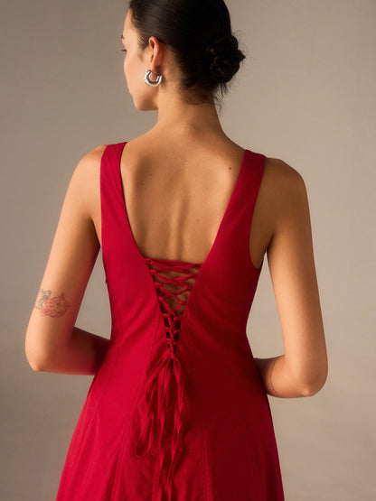 Bağcıklı Sırtlı Pamuklu Maksi Elbise