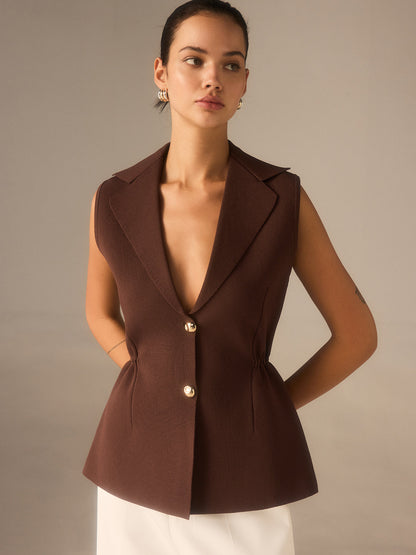 Metal Düğmeli Örme Kolsuz Blazer Yelek