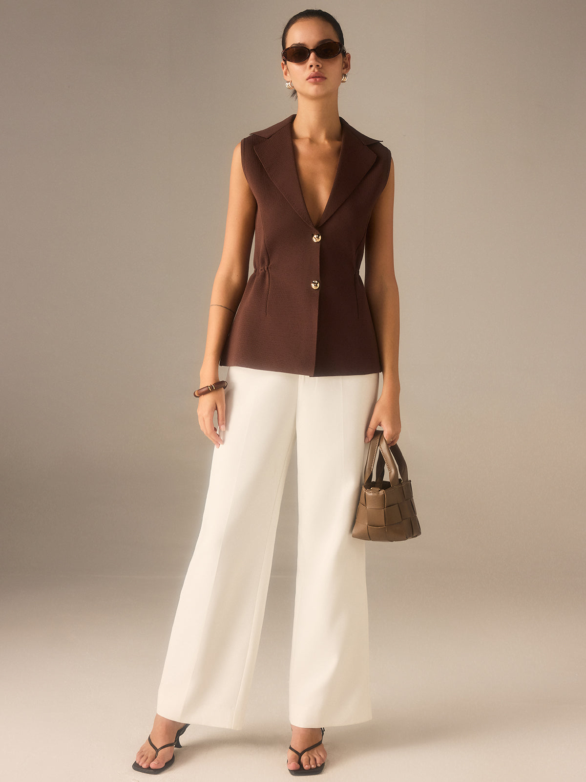 Metal Düğmeli Örme Kolsuz Blazer Yelek