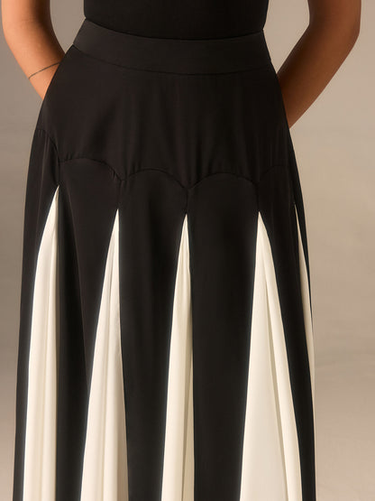 Ek Panelli Renk Bloklu Midi Etek