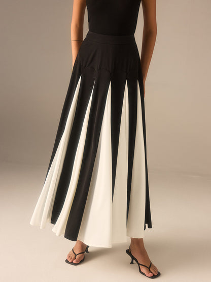 Ek Panelli Renk Bloklu Midi Etek