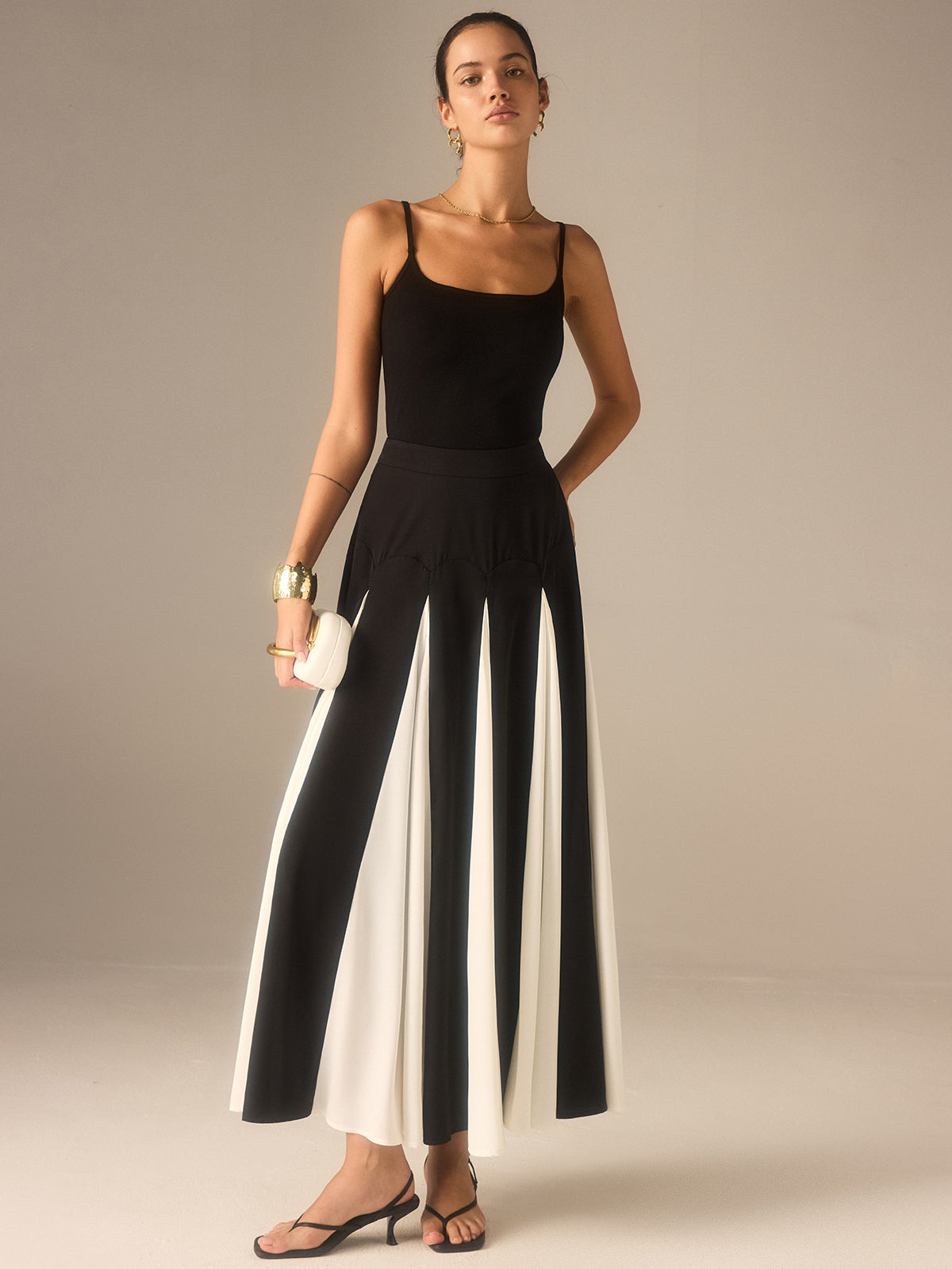 Ek Panelli Renk Bloklu Midi Etek