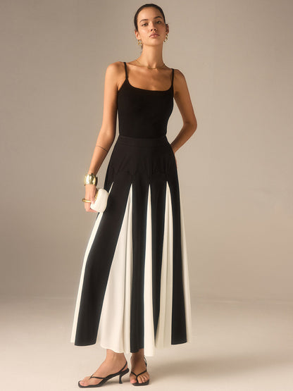 Ek Panelli Renk Bloklu Midi Etek