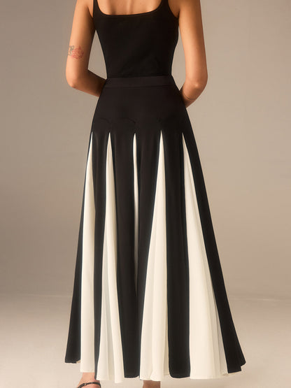 Ek Panelli Renk Bloklu Midi Etek