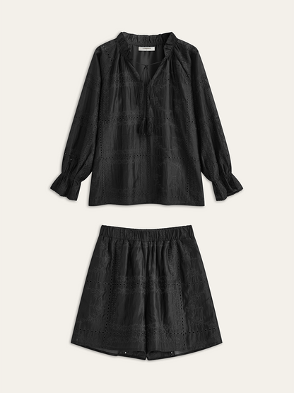 Nakış Detaylı Uzun Kollu Şort Takımı