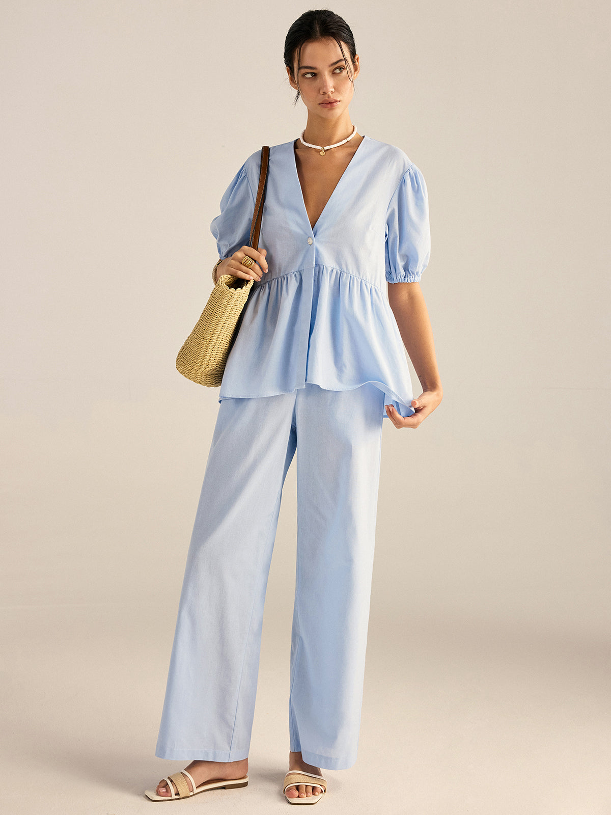 Pamuklu Peplum Üst ve Pantolon Takımı