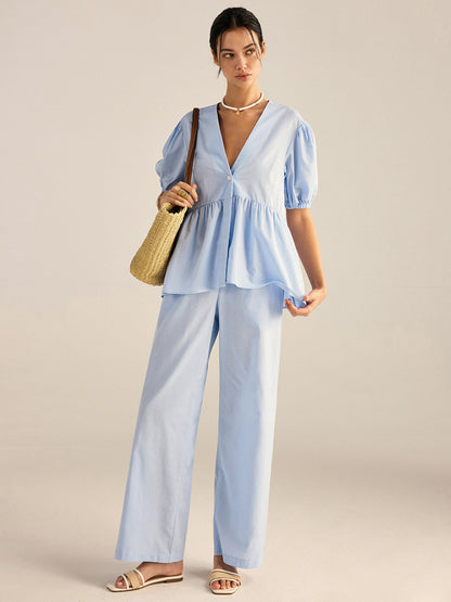 Pamuklu Peplum Üst ve Pantolon Takımı