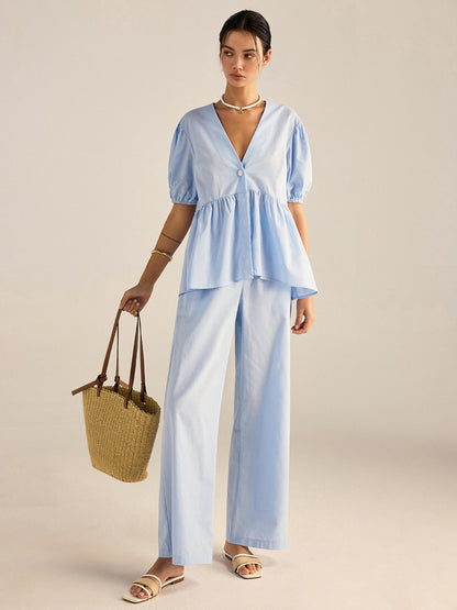 Pamuklu Peplum Üst ve Pantolon Takımı