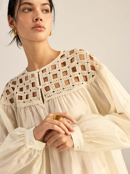 Yarı Şeffaf Tığ İşi Tencel Bluz