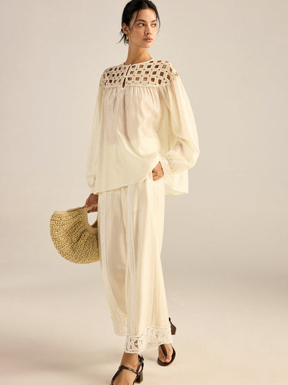 Tığ İşi Tencel Geniş Paça Pantolon