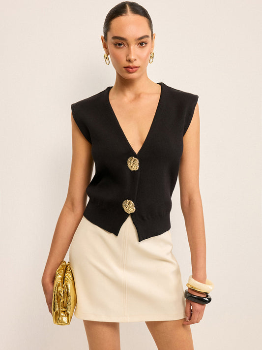 Metal Düğmeli V Yaka Örgü Yelek
