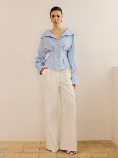 Beli Sıkılaştıran Tasarımlı Çizgili Yakalı Gömlek