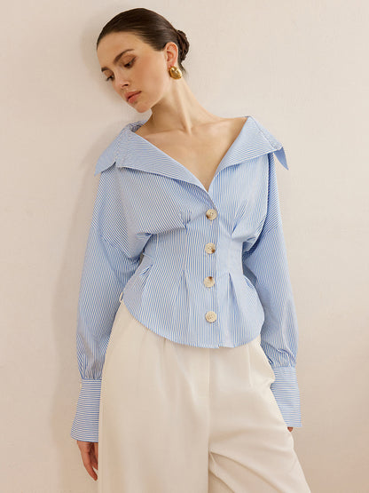 Beli Sıkılaştıran Tasarımlı Çizgili Yakalı Gömlek
