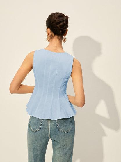 Kare Yakalı Önü Düğmeli Peplum Üst