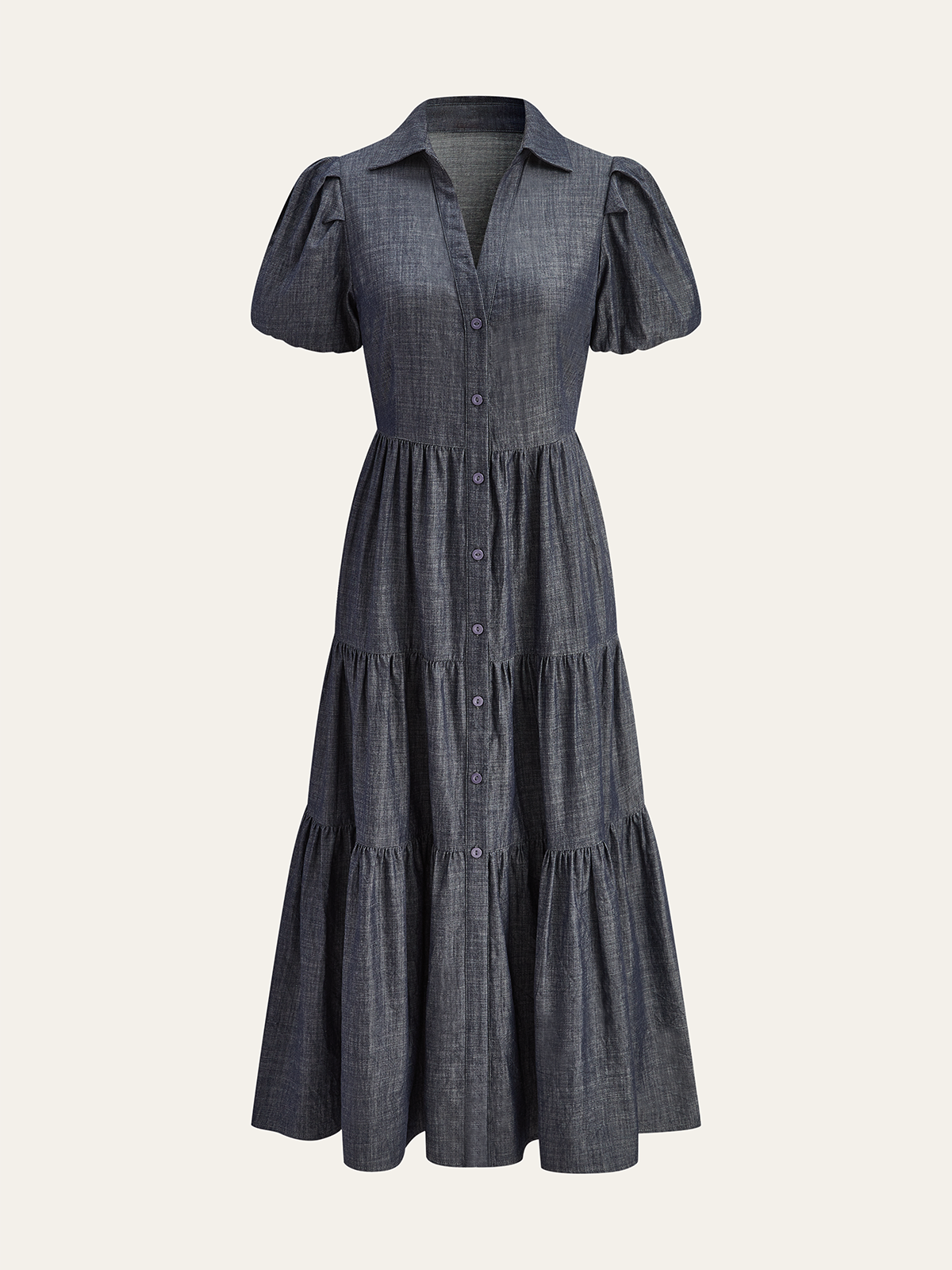 Puf Kollu Katlı Önü Düğmeli Maksi Elbise