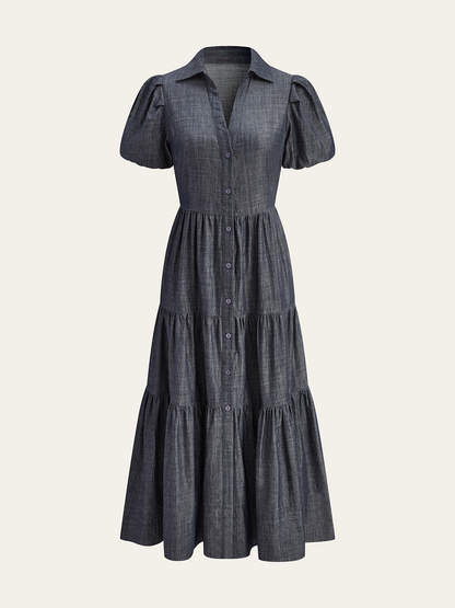 Puf Kollu Katlı Önü Düğmeli Maksi Elbise