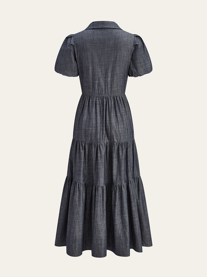 Puf Kollu Katlı Önü Düğmeli Maksi Elbise