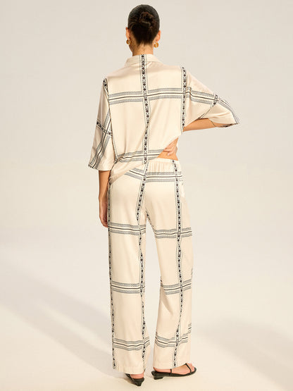 Geometrik Baskılı Saten Pantolon Takımı
