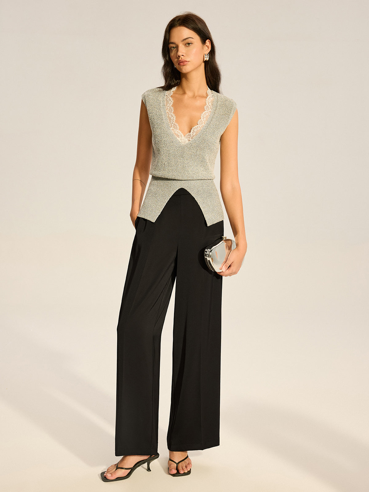 Dantelli Belden Bağlayan Örgü Yelek