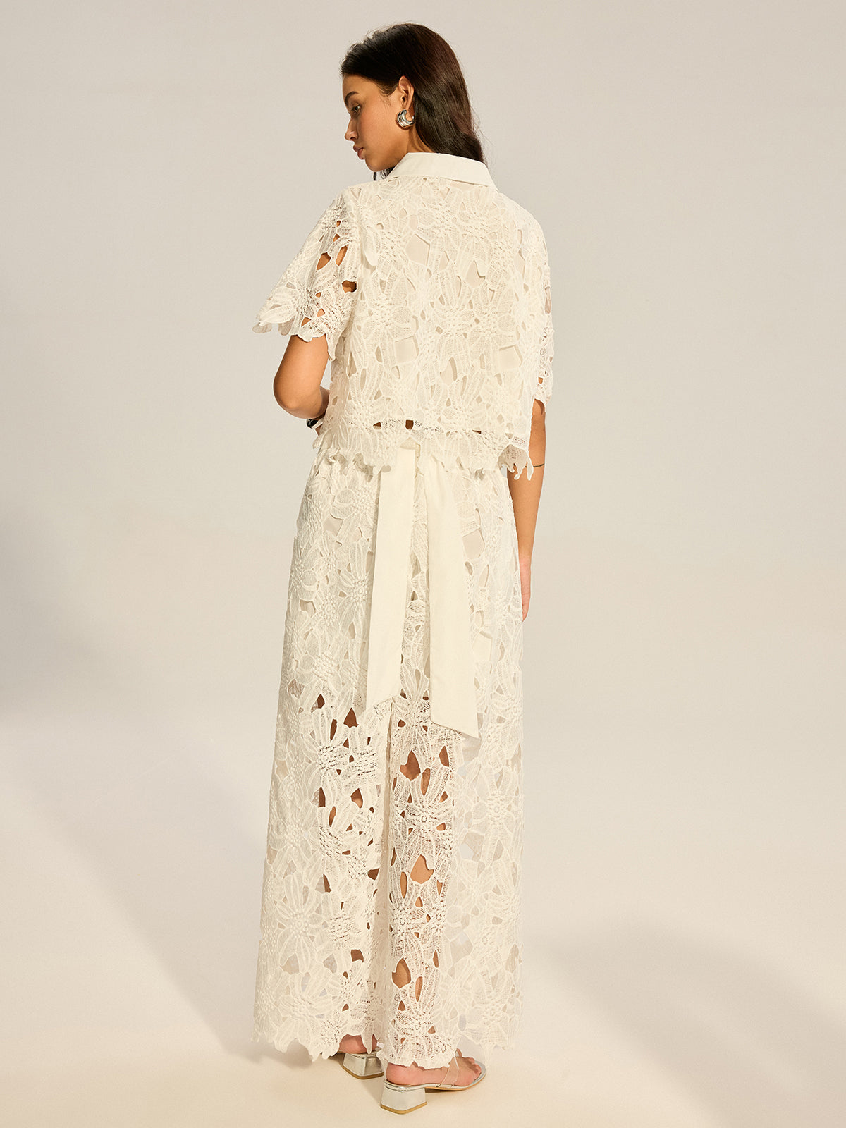 Dantel Tığ İşi Kesik Üst ve Geniş Paça Pantolon Takımı