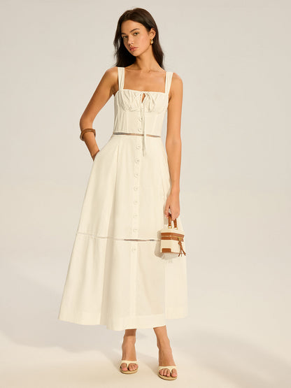 Dantel Panelli Arkadan Bağlamalı Pamuklu Uzun Elbise