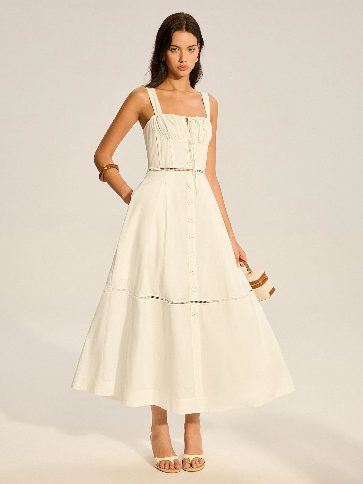 Dantel Panelli Arkadan Bağlamalı Pamuklu Uzun Elbise