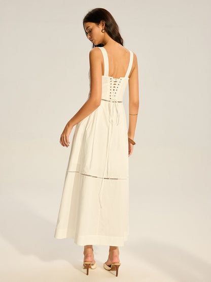Dantel Panelli Arkadan Bağlamalı Pamuklu Uzun Elbise