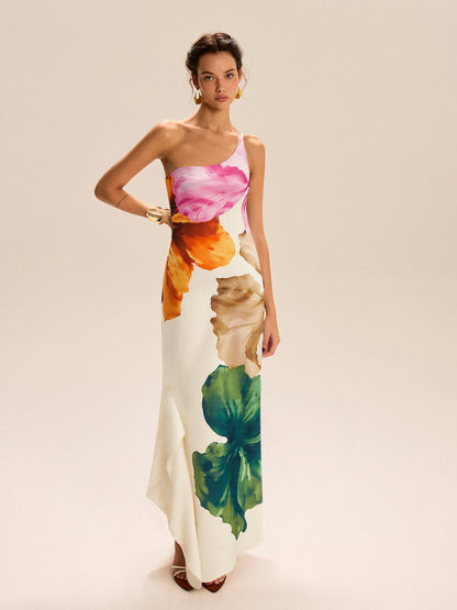 Asimetrik Tek Omuzlu Çiçek Desenli Uzun Elbise