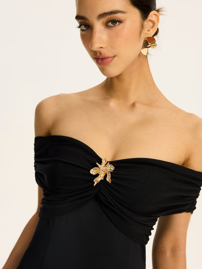 Yarı Şeffaf Omuzdan Bağlamalı File Panelli Uzun Elbise