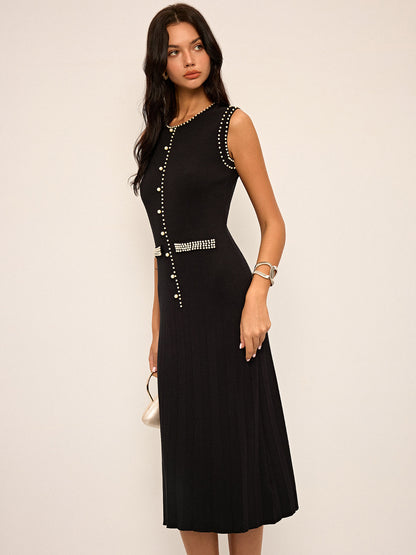 İnci Detaylı Kolsuz Örme Midi Elbise