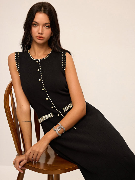 İnci Detaylı Kolsuz Örme Midi Elbise