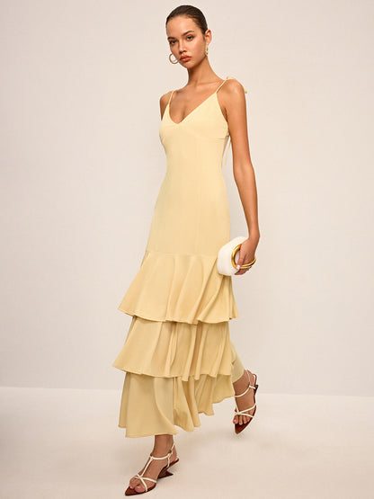 Bağcıklı Omuz Katlı Uzun Elbise