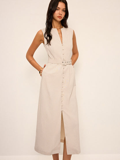 Pamuk ve Keten Karışımlı V Yaka Kemerli Midi Elbise