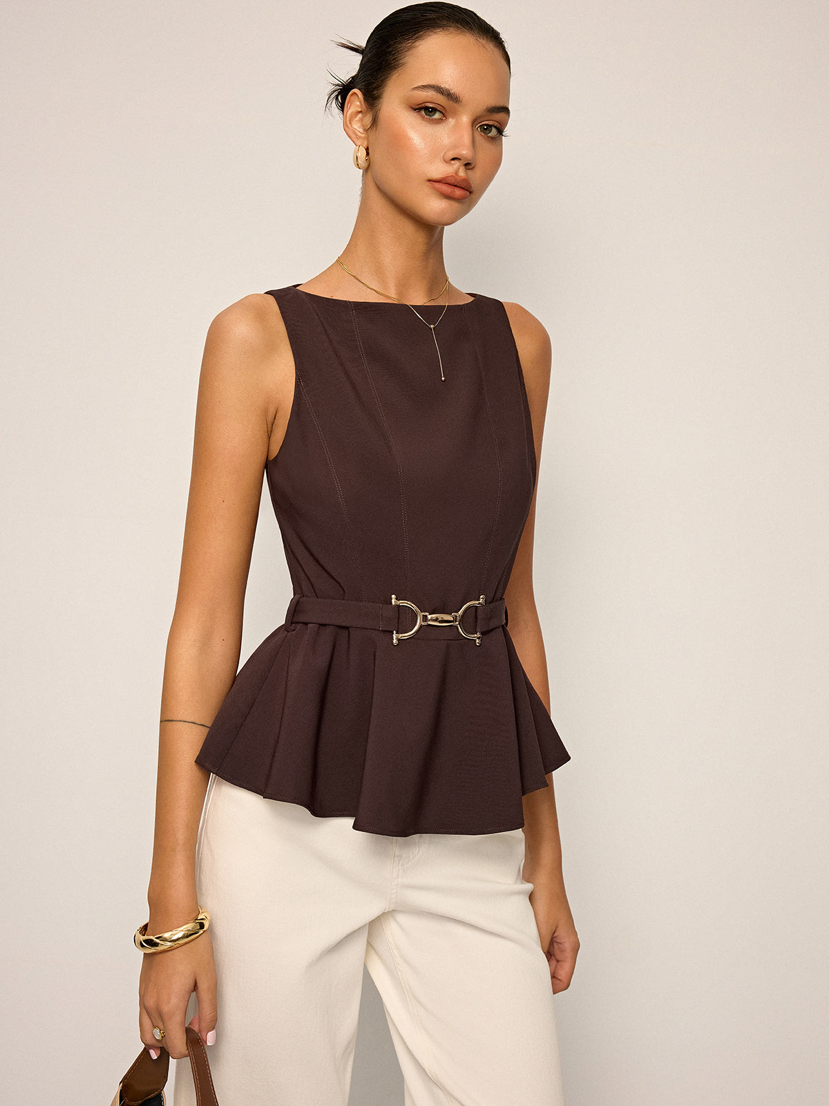 Metal Tokalı Kemerli Kolsuz Peplum Üst