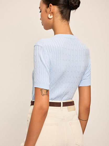 Kalp İşlemeli Yuvarlak Yaka Örgü Üst