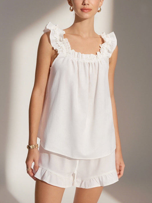 Saf Pamuklu Volanlı Şort Takımı